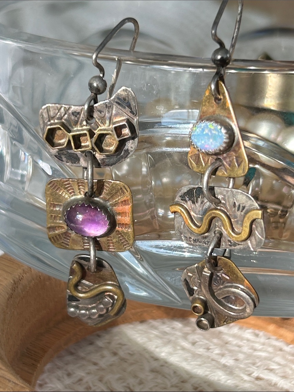Artisan 925 Mixed-Metal Dangle Earrings with Purple Amethyst and Opal 1